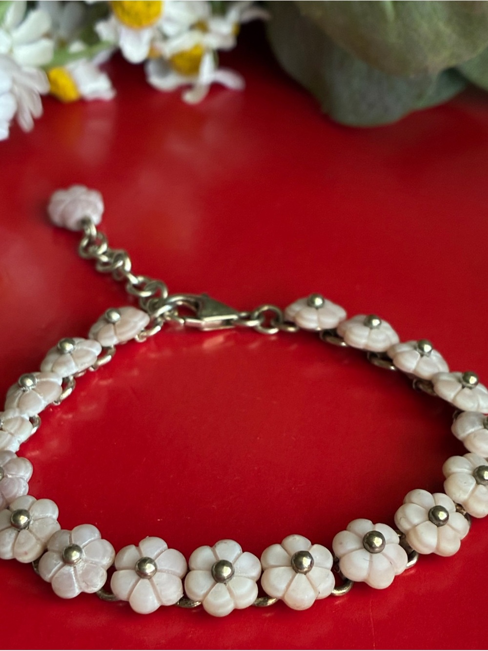925 Silver Bracelet,Pink Floral Chain Bracelet with silver Accents